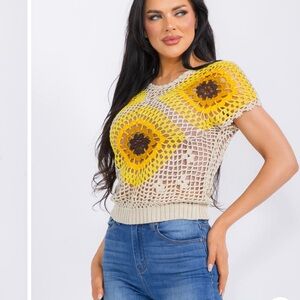 0100. Sunflower Crochet Knit Top